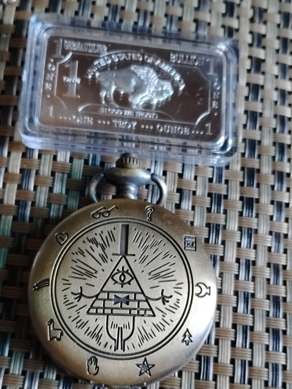 Mystic Pyramid Pocket Watch - Brass Tone& Silver Billion Plate Alloy Bar